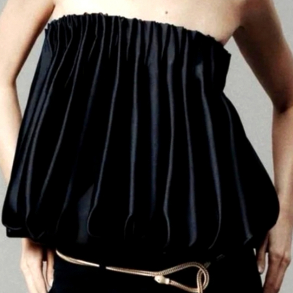 ZARA BLACK Satin Bubble hem Pleated Sleeveless Top Size L